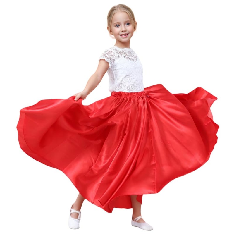 Sancan Girls Belly Latin Dance Skirt - Elastic Waist Ankle Length Full Flowy Circle Dancewear for Dance Practice Training (US, Age, 8 Years, 12 Years, Red) - Image 1